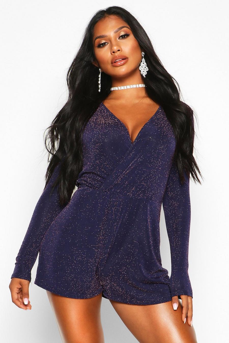 Navy Glitter Wrap Front Long Sleeve Playsuit image number 1