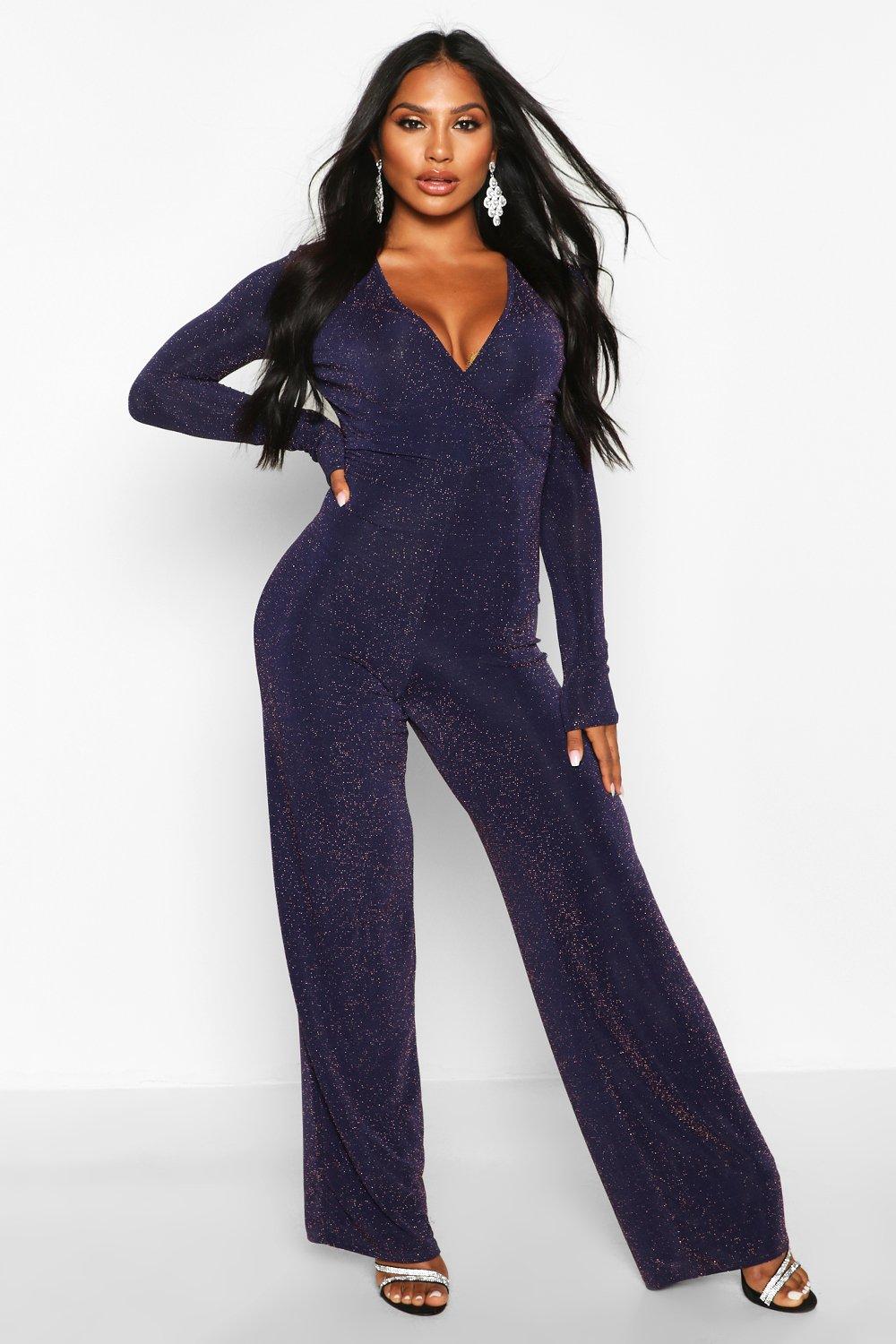 Missguided glitter wrap deals over jumpsuit in navy