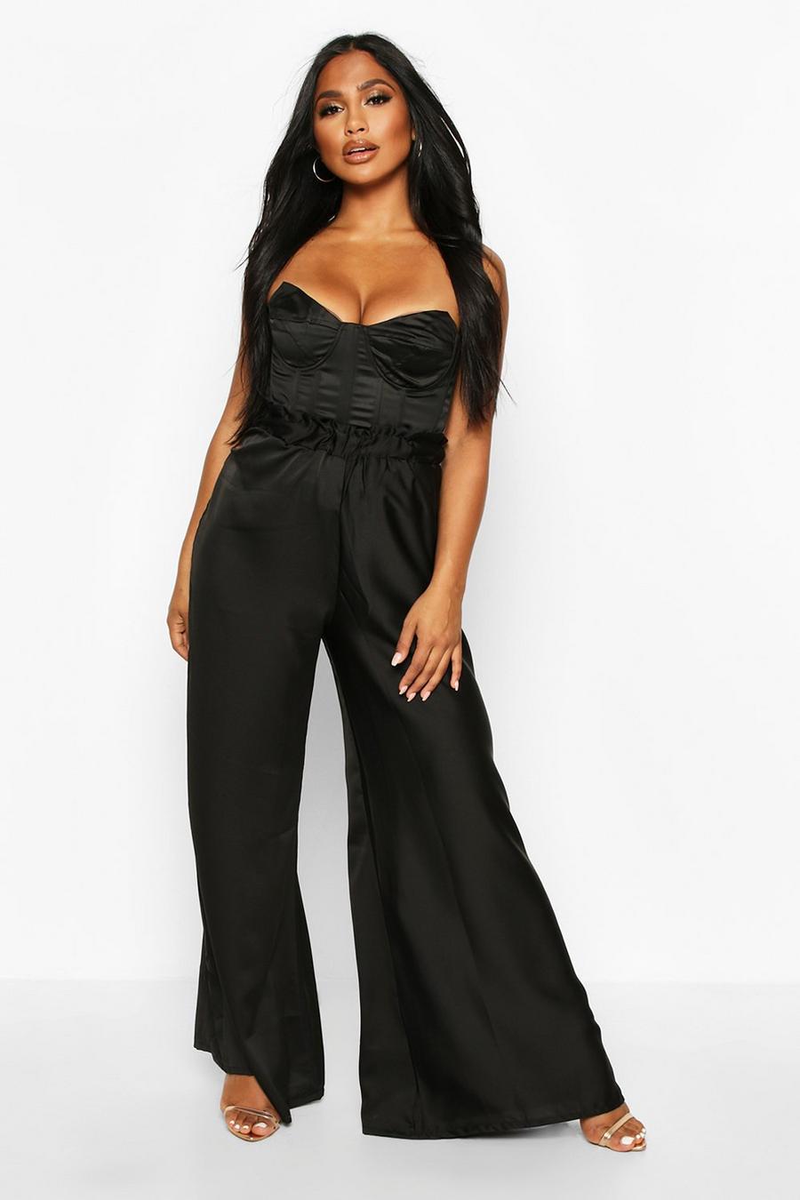 Black Satin High Waisted Wide Leg Trousers image number 1