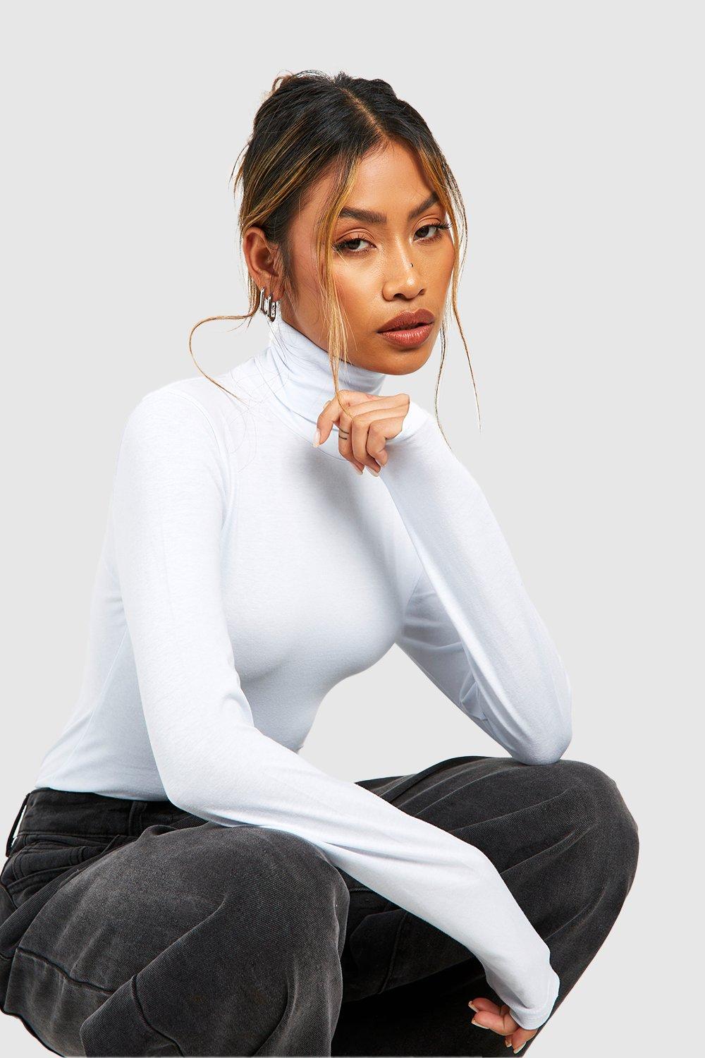 White Long Sleeve Polo Neck Body Top