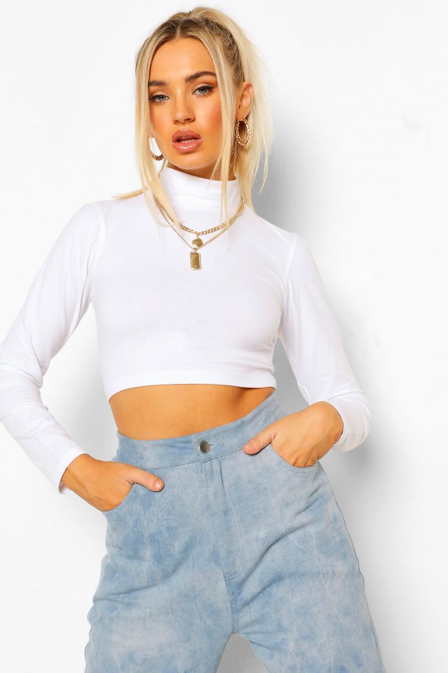 White weiß High Neck Long Sleeve Crop Top image number 1