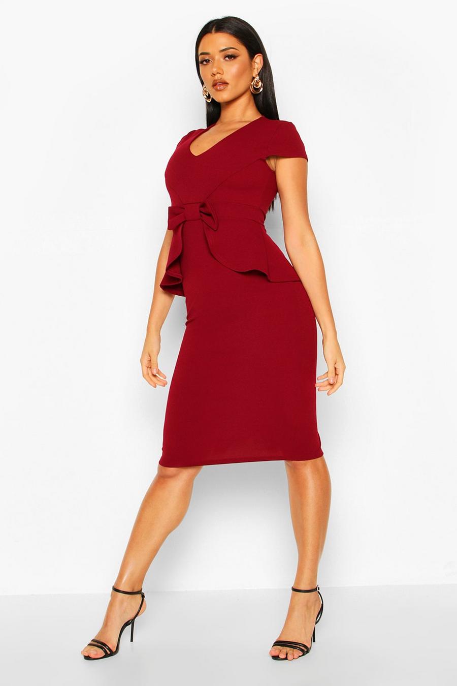Berry red Bow Detail Peplum Midi Dress image number 1