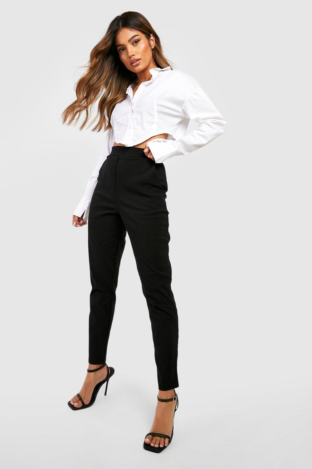 black stretch tapered trousers