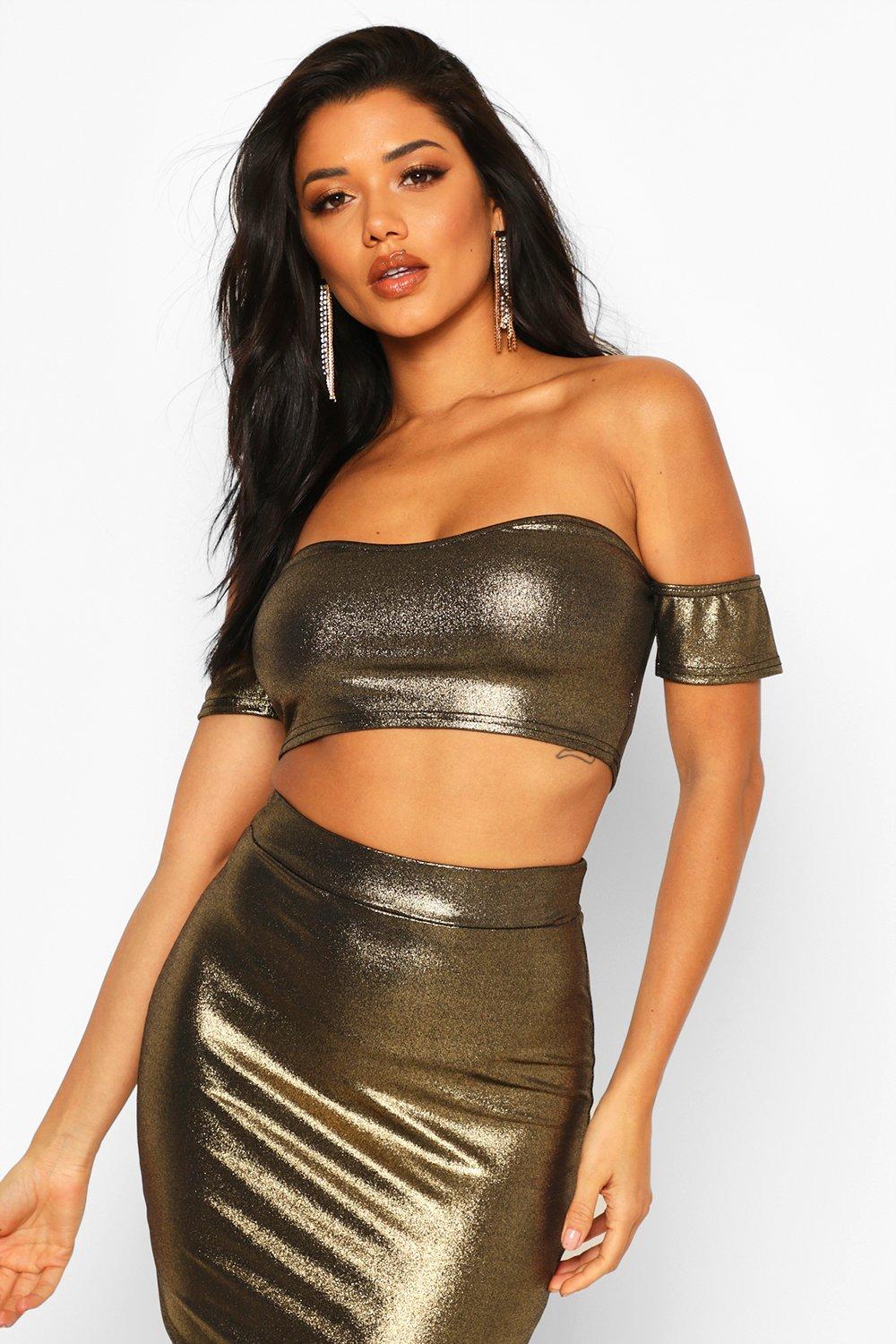 Metallic Off Shoulder Crop Top