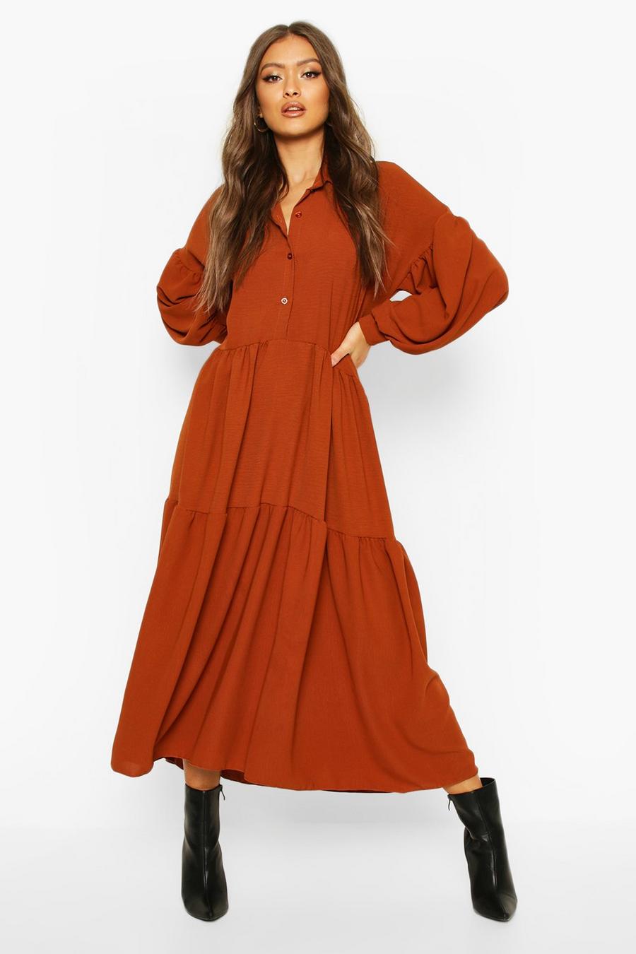 Rust Oversized Tiered Maxi Shirt Dress image number 1