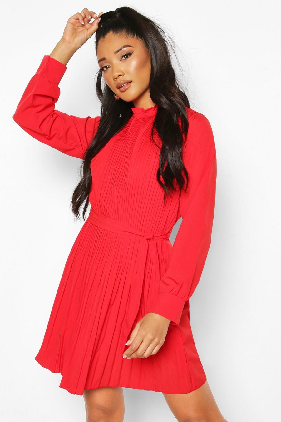 Red Pleated High Neck Tie Waist Shift Dress image number 1