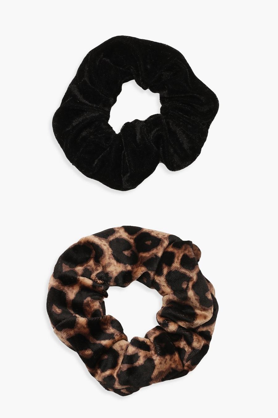 Multi Scrunchies i sammet Svart/Leopard (2-pack) image number 1