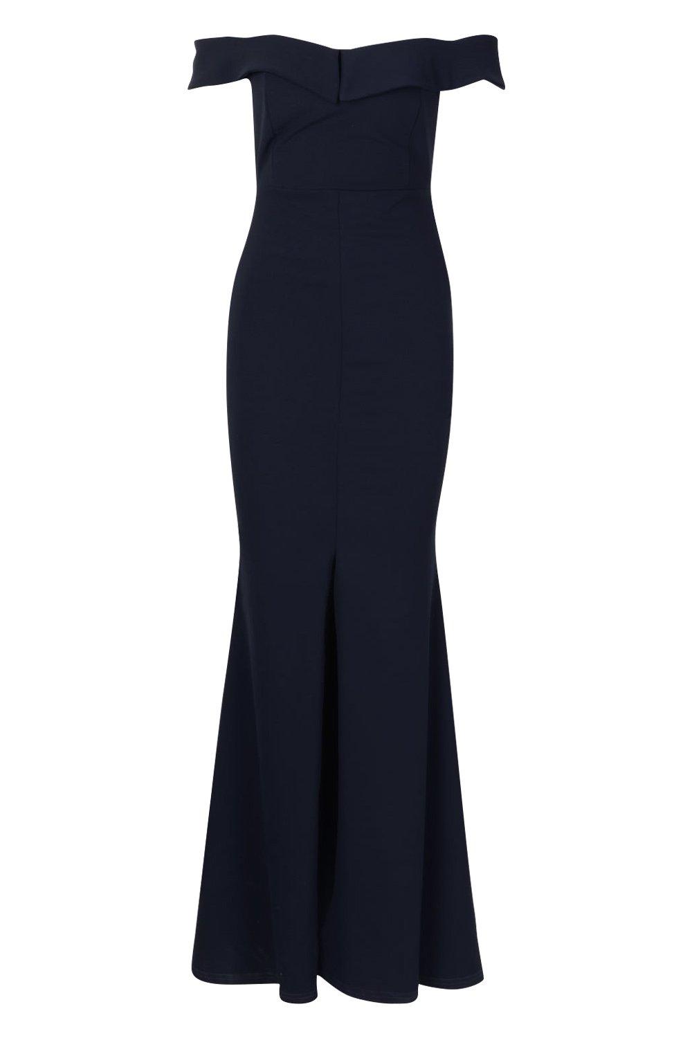 navy bardot split maxi dress