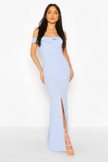 Blue Bardot Split Front Maxi Dress