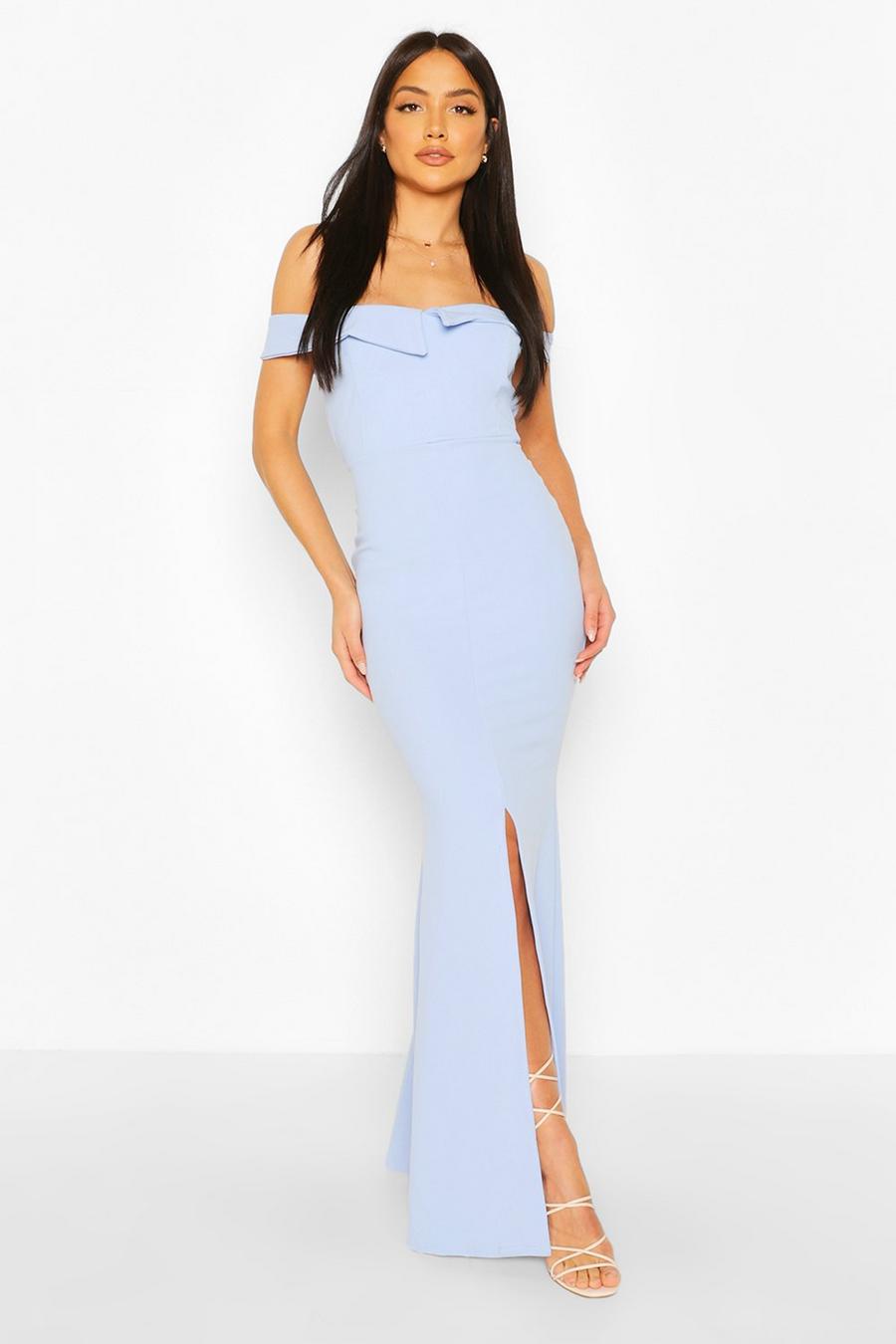 Powder blue Bardot Split Front Maxi Dress image number 1
