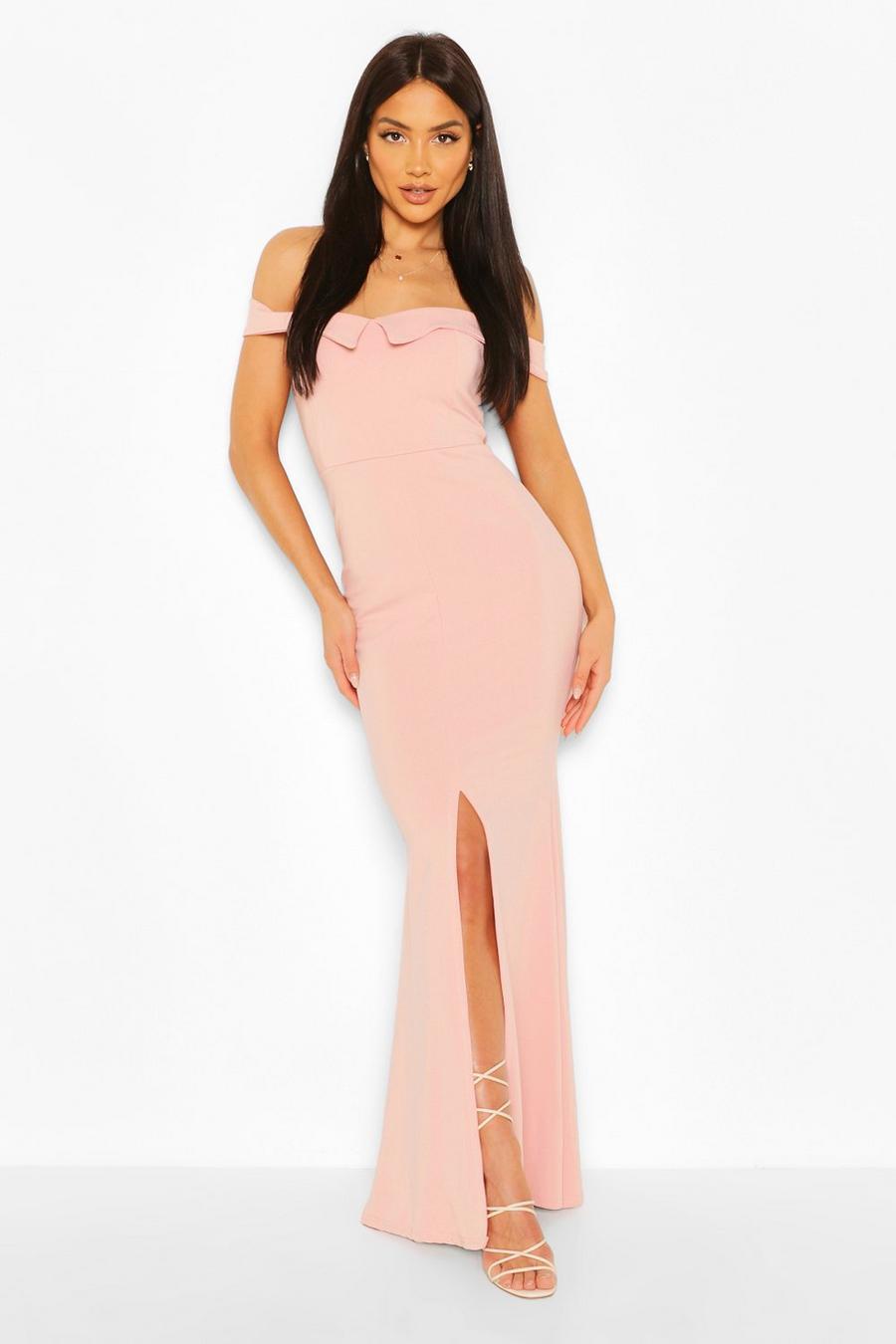 Soft pink Bardot Split Front Maxi Dress