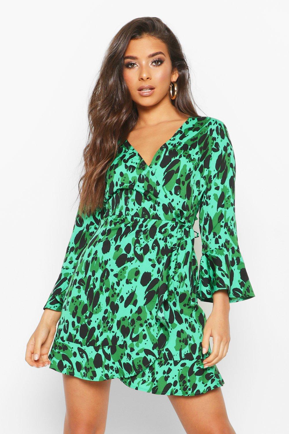 boohoo green leopard print dress