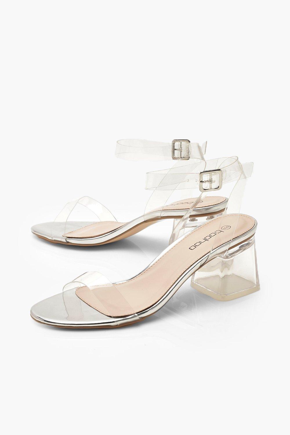 boohoo barely there block heel sandals in clear