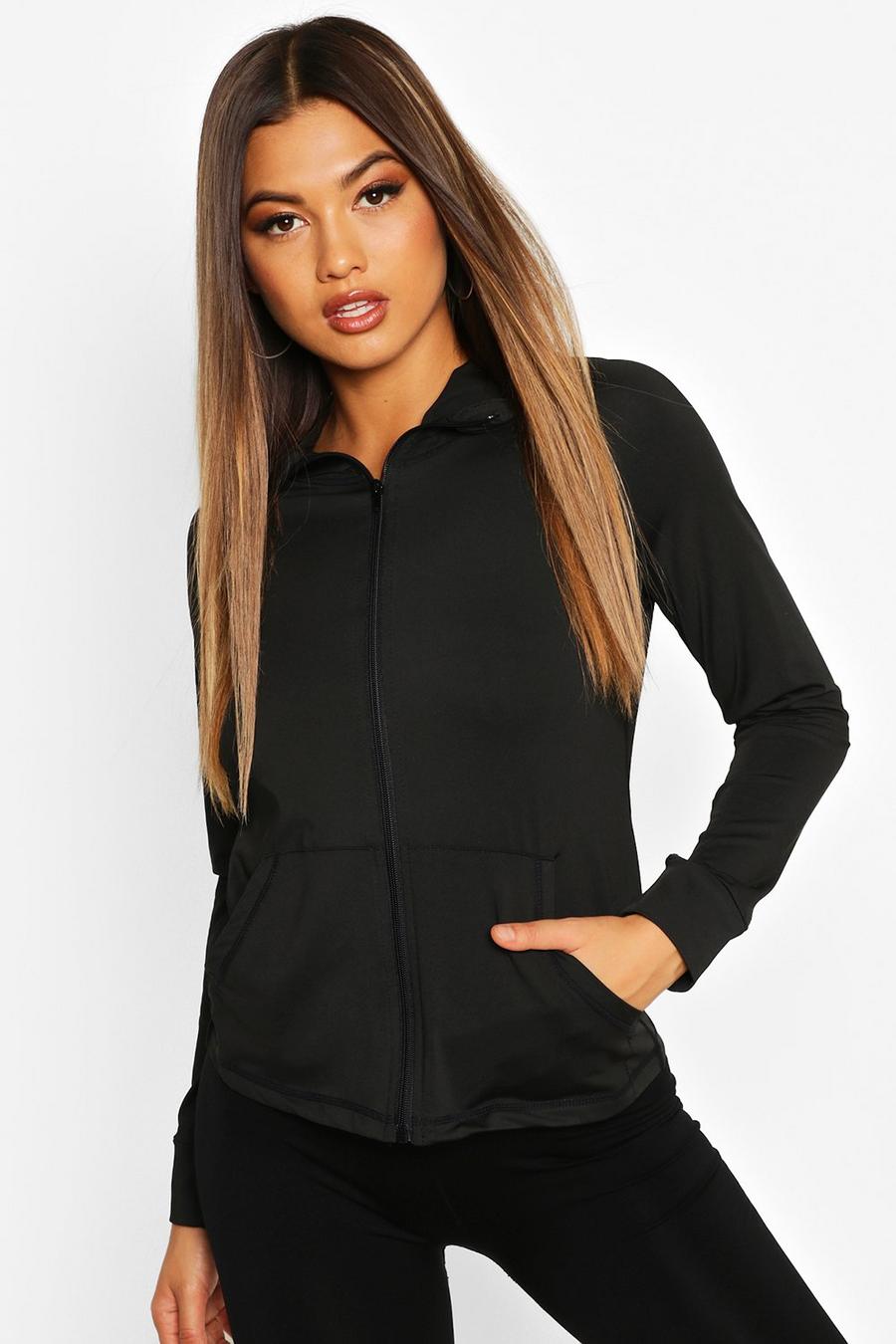 Black Fit Long Sleeve Zip Up Hooded Gym Jacket image number 1