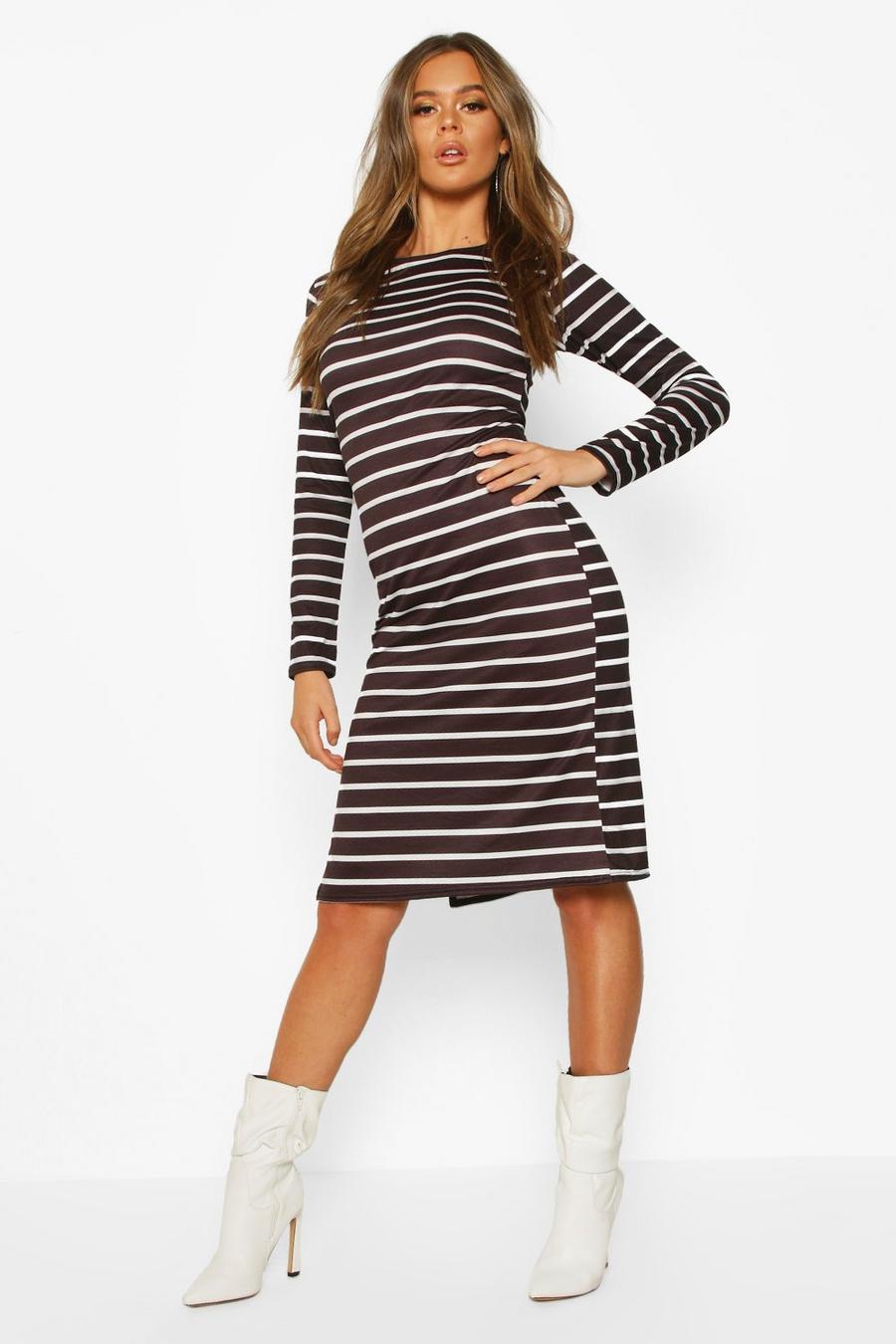 Stripe Long Sleeve Split Midi T-shirt Dress image number 1