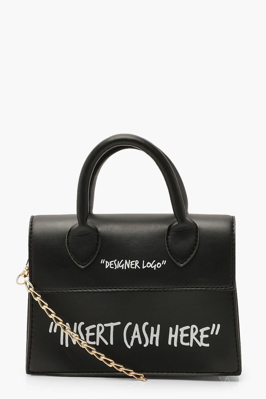 Black Insert Cash Here Slogan Structured Crossbody Grab Bag image number 1