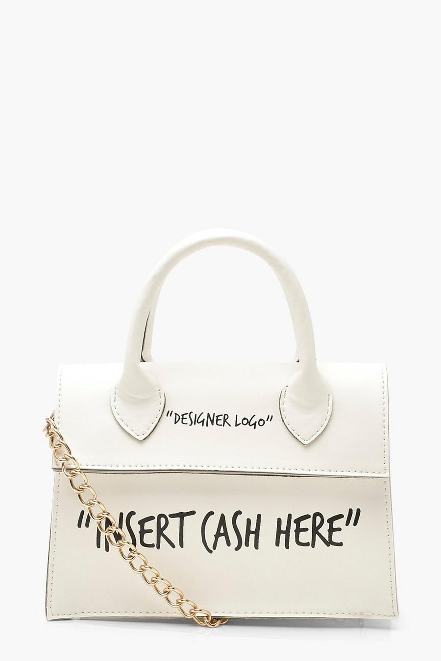 White Insert Cash Here Slogan Structured Crossbody Grab Bag image number 1