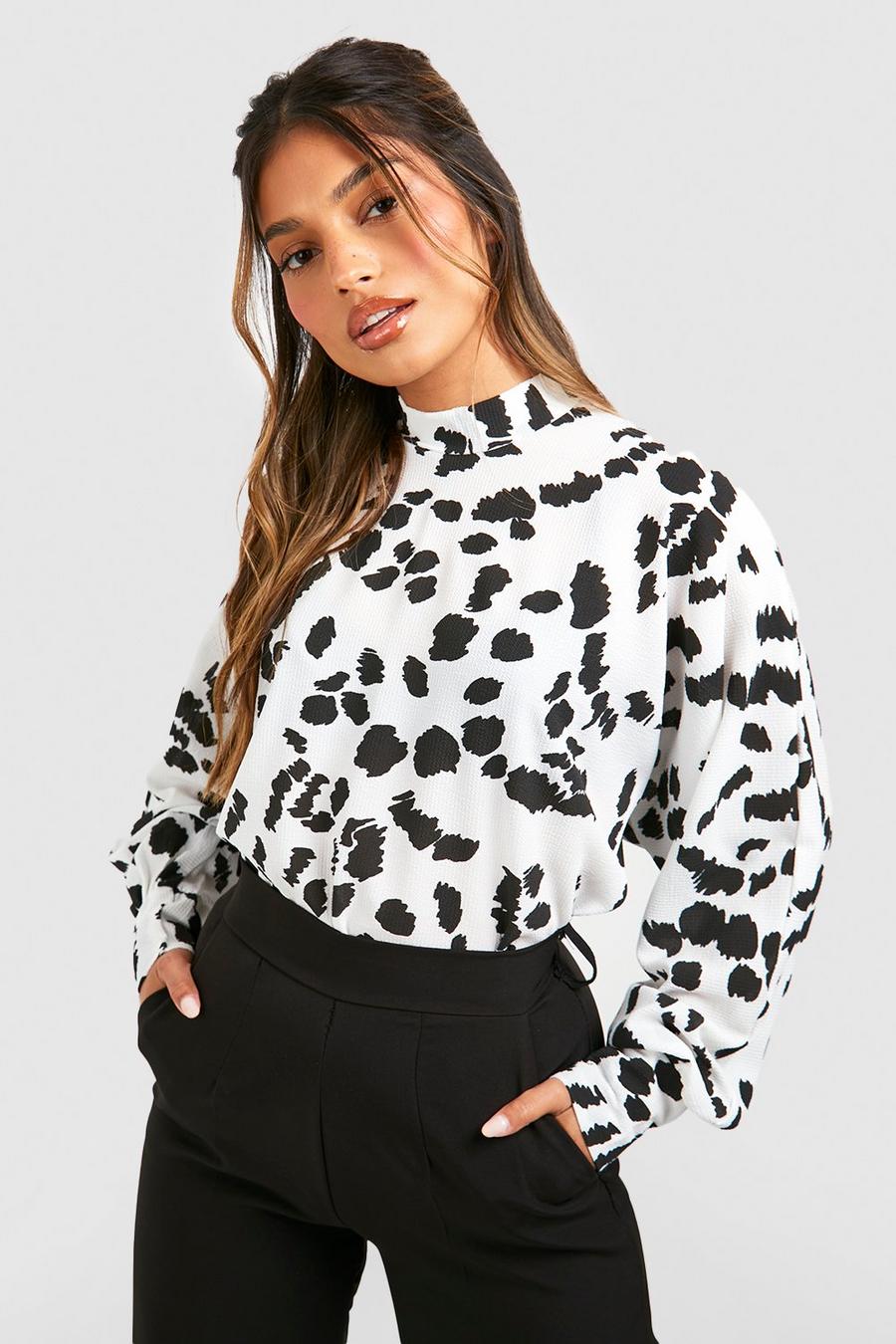 Hochgeschlossene Bluse mit Dalmatiner-Print, White