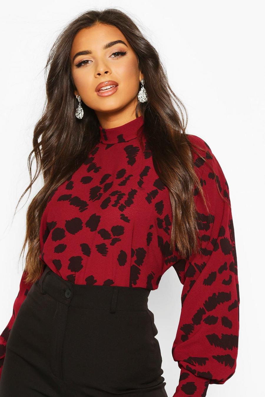 Wine red Dalmatian Print High Neck Blouse image number 1