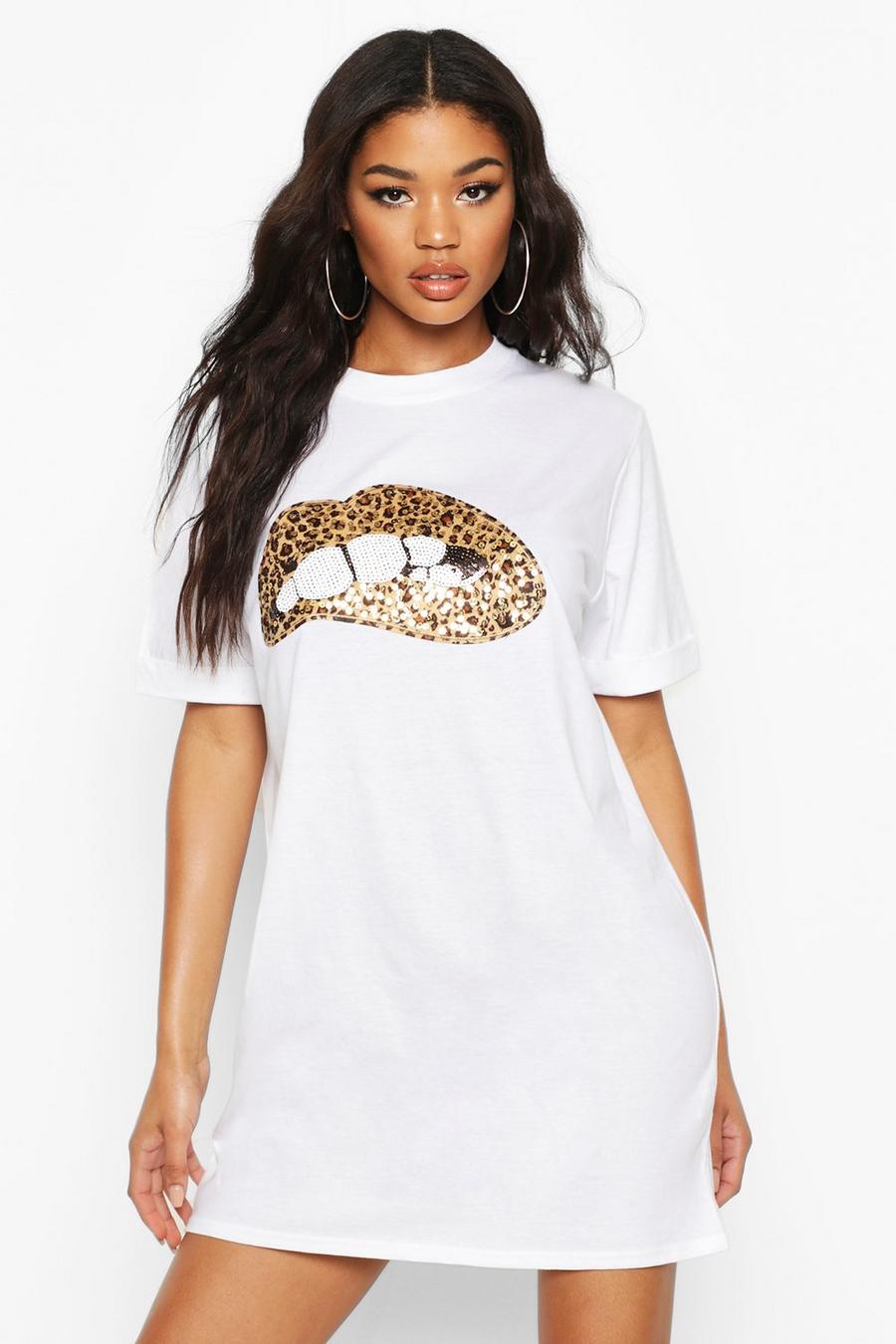 T-Shirt-Kleid mit Pailletten, Leopardenmuster und Lippenmotiv image number 1