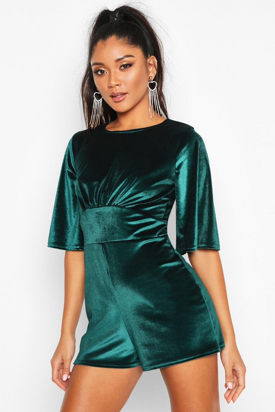 Emerald Flared Sleeve Velvet Playsuit image number 1