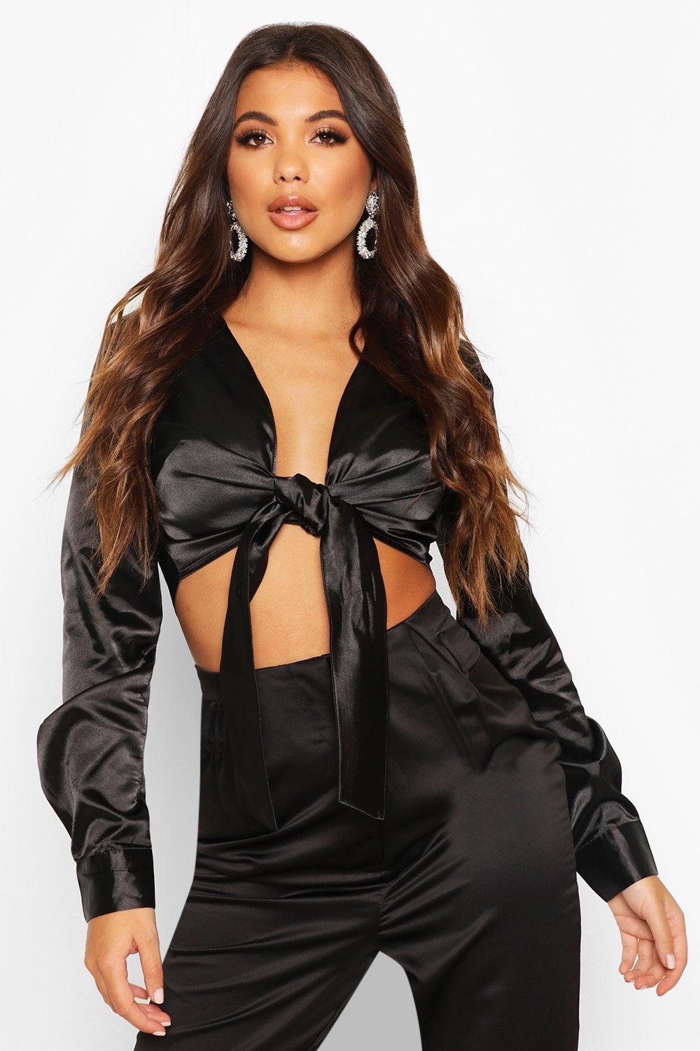 satin tie front crop top