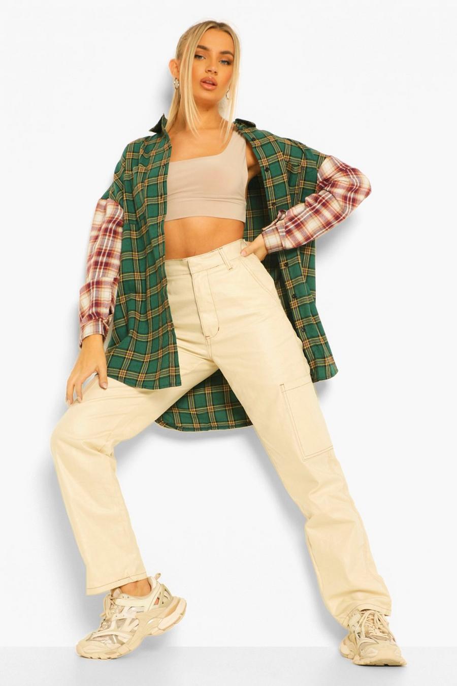 Green Mixed Flannel Contrast Sleeve Oversized Shirt image number 1