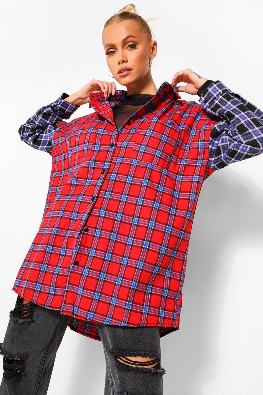 Red Mixed Check Contrast Sleeve Oversized Shirt image number 1