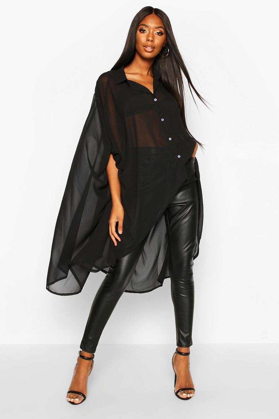 Black Woven Oversized Maxi Shirt image number 1