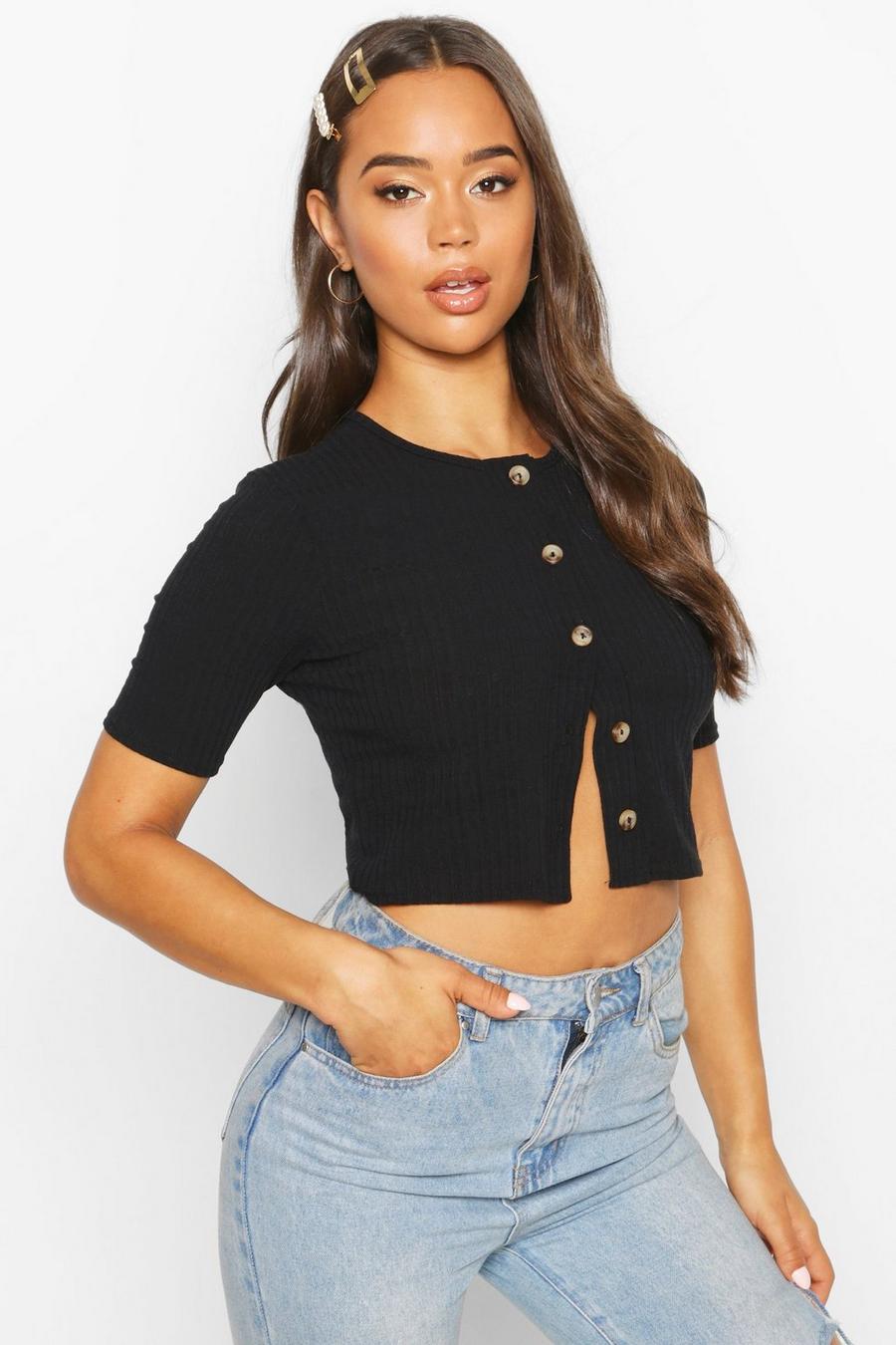 Soft Rib Button Detail Crop Top image number 1