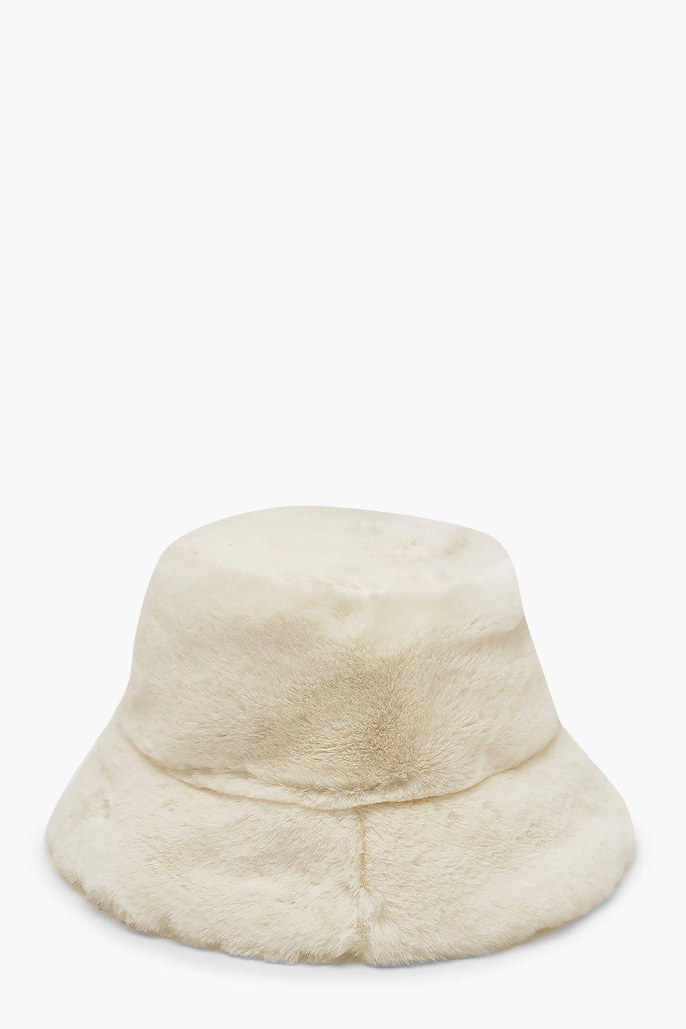 white fur bucket hat