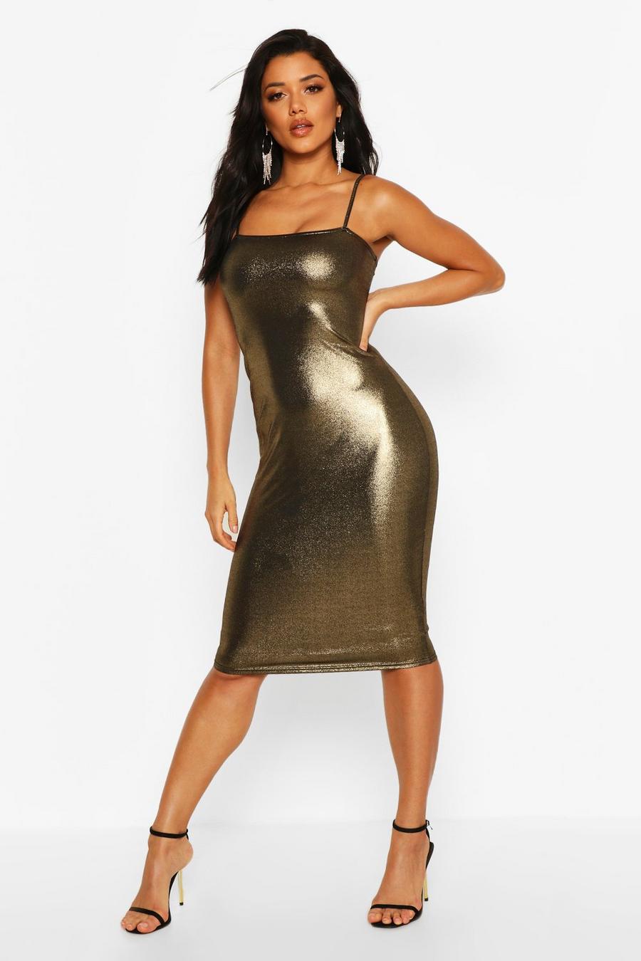 Gold Metalliic Square Neck Strappy Midi Dress image number 1