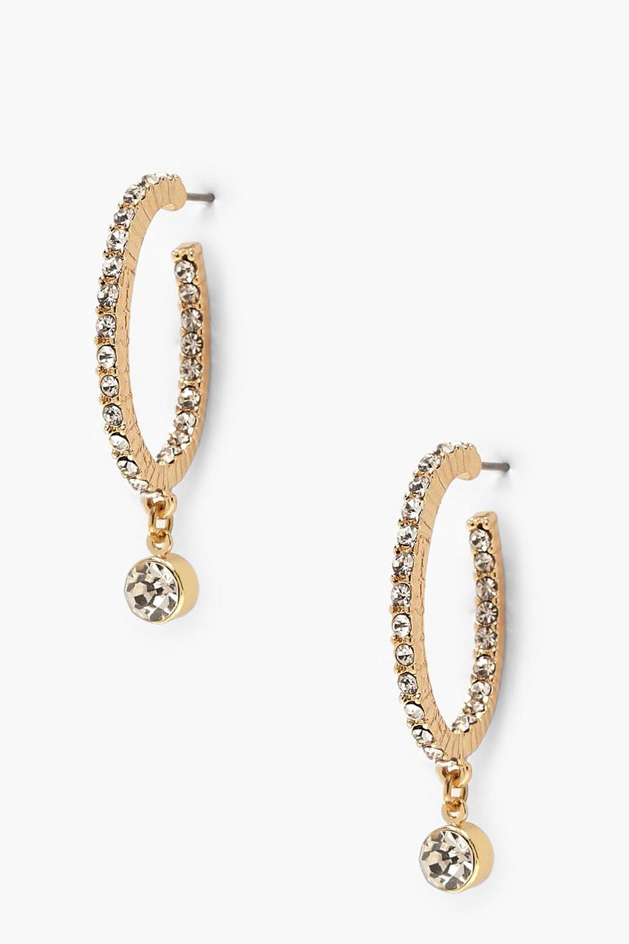 Gold Diamante Pendant Hoop Earrings image number 1