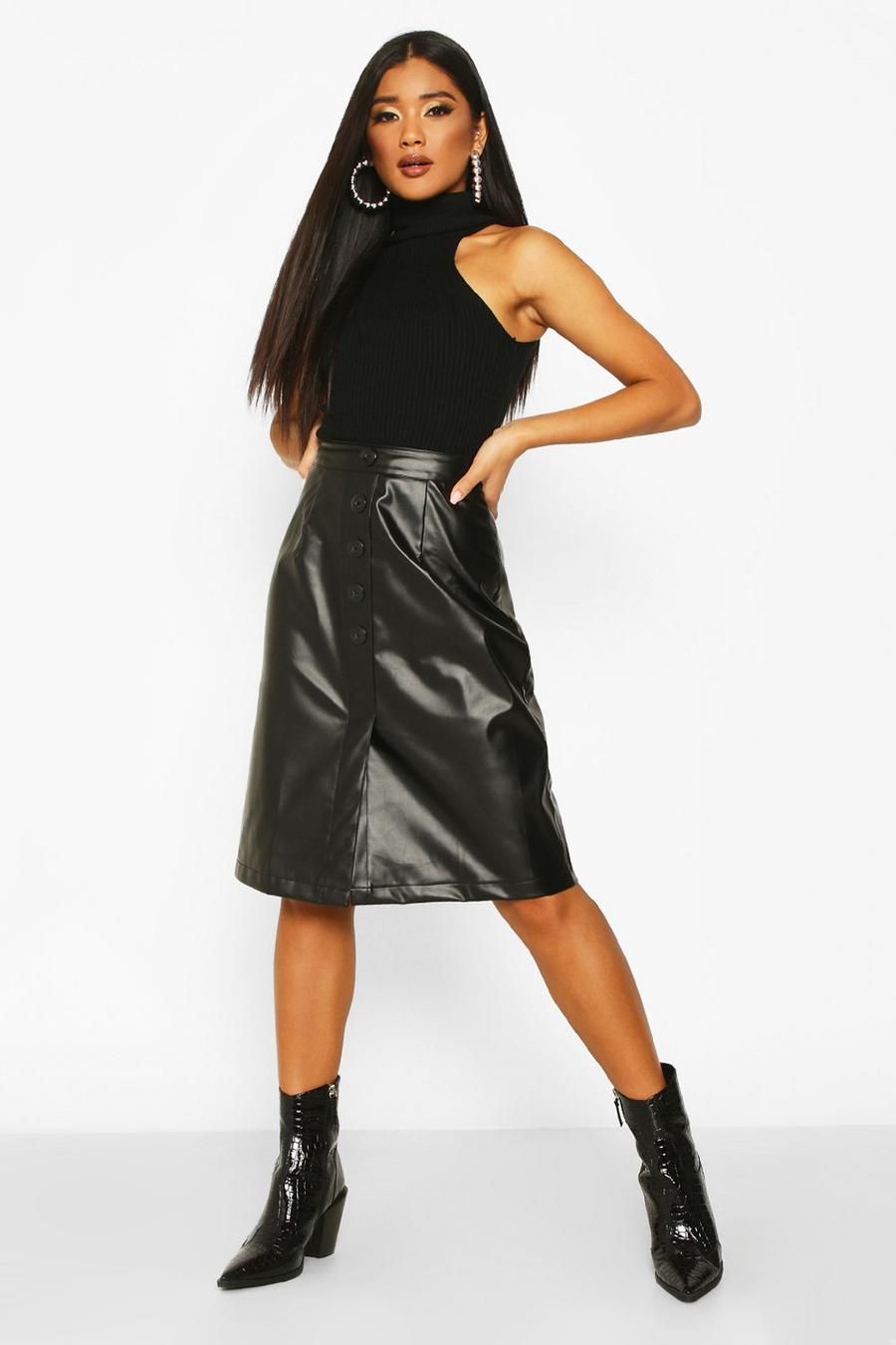 Button Front Faux Leather Midi Skirt image number 1