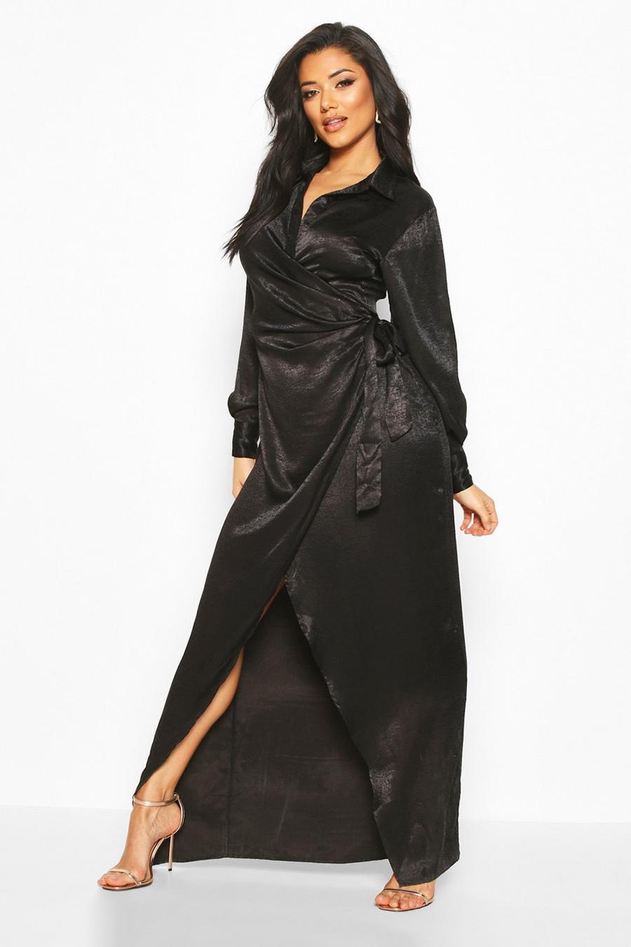 Black Hammered Satin Wrap Midi Shirt Dress image number 1