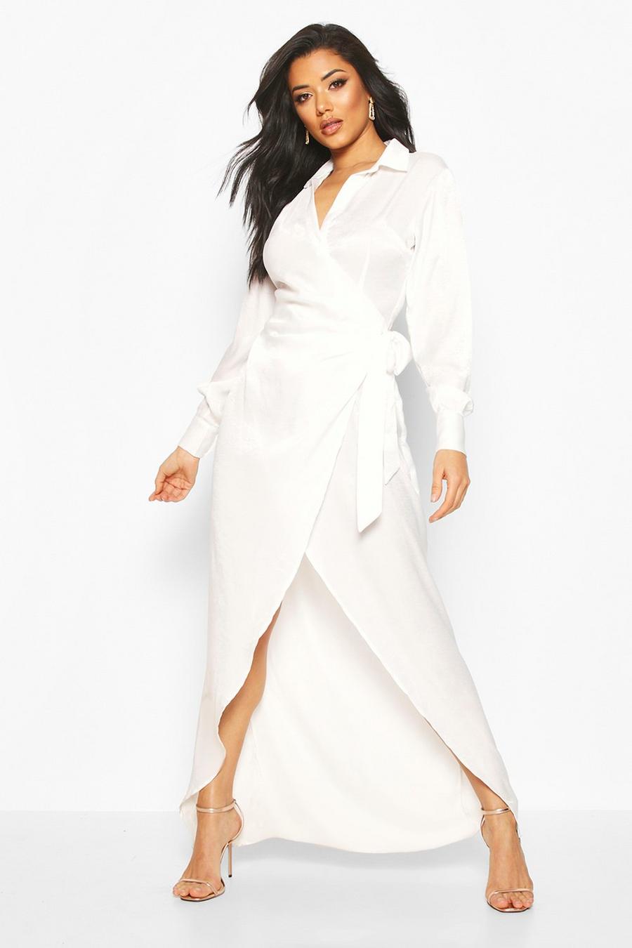White Hammered Satin Wrap Midaxi Shirt Dress image number 1