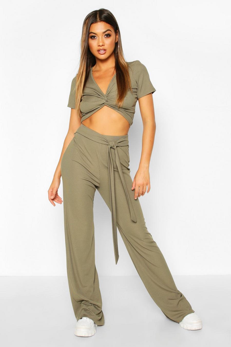 Twist Front Rib Top And Belted Pants Co-Ord image number 1