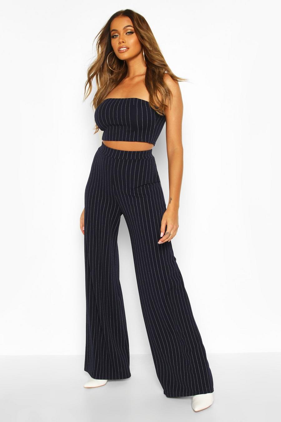 Navy Bandeau Pinstripe Pants Two-Piece Set image number 1