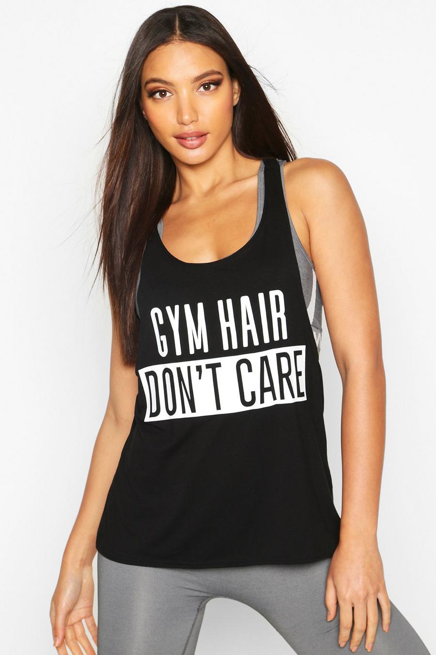 Black Fit Gym Hair Don’t Care Slogan Gym Vest image number 1