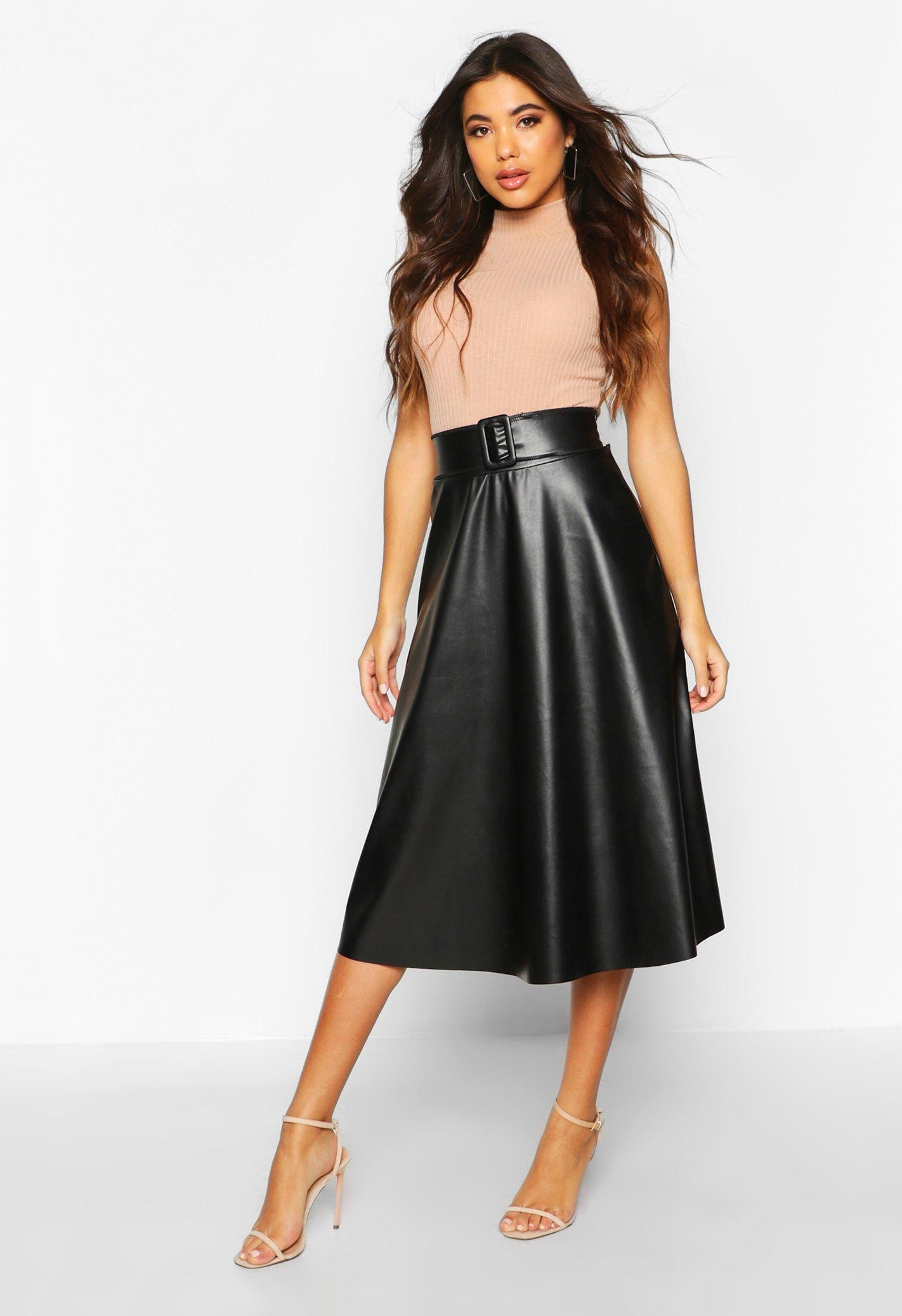 Faux Leather Buckle Midi Skater Skirt 