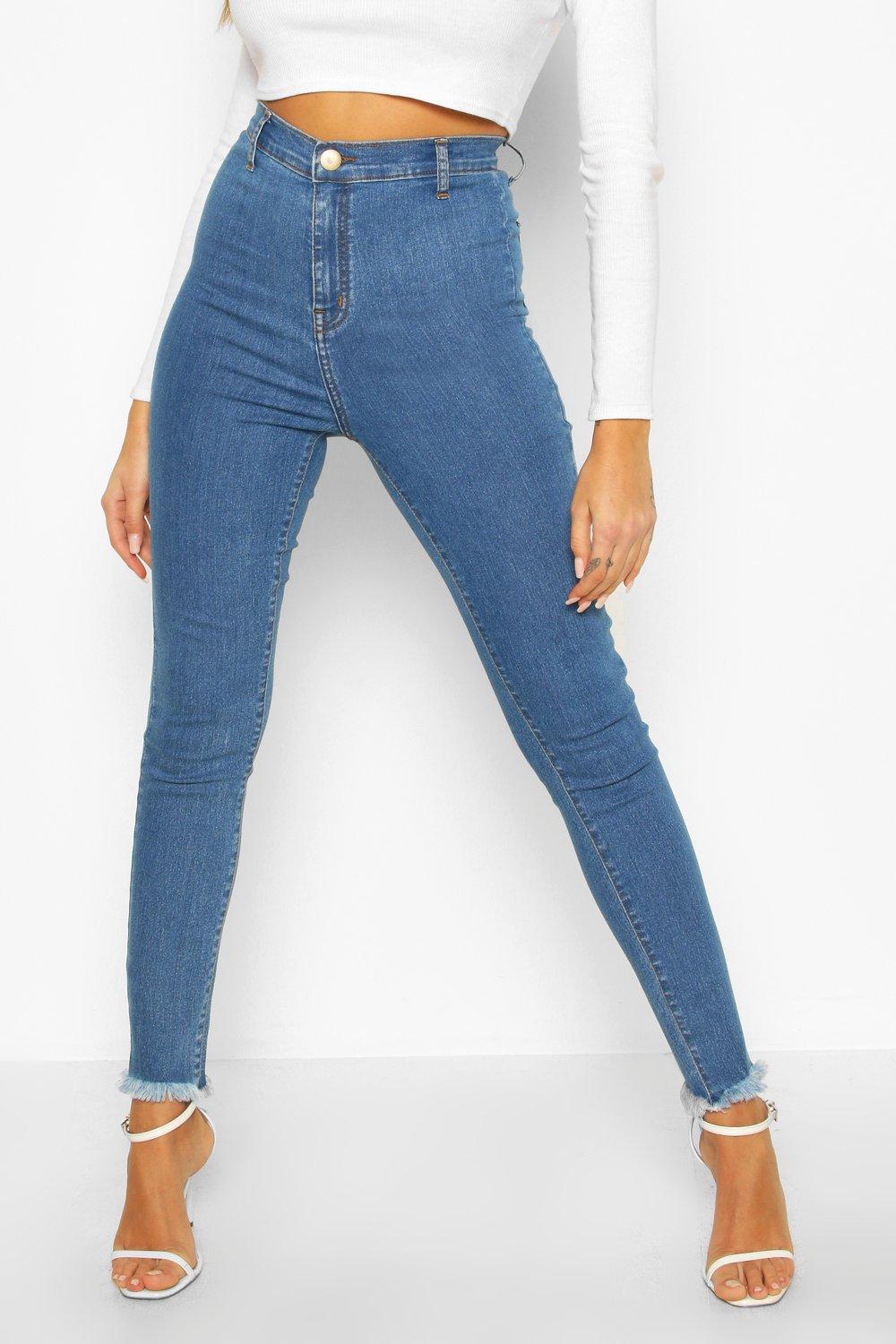 High Rise Frayed Hem Disco Skinny Jeans