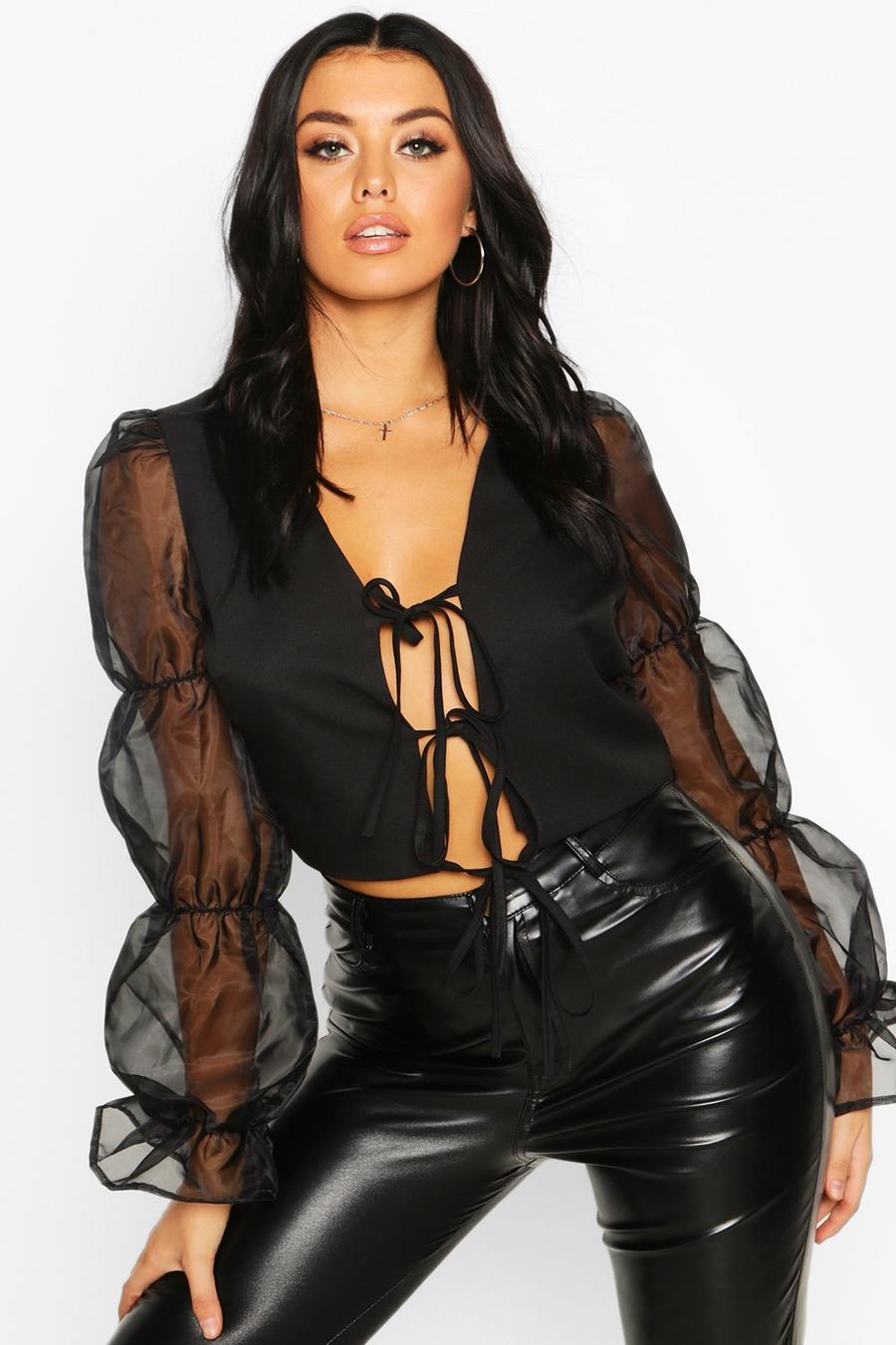 Tie Front Volume Sleeve Organza Mesh Blouse image number 1