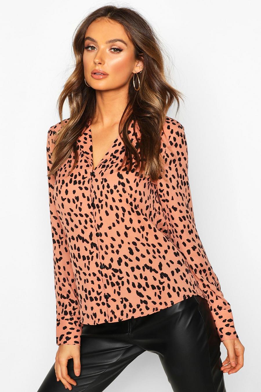 Smudge Print Button Up Long Sleeve Blouse image number 1