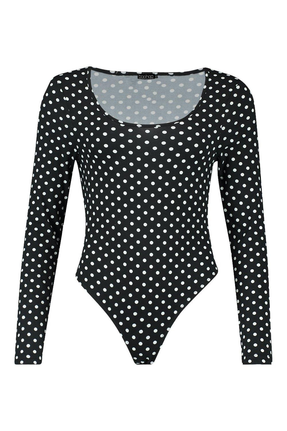 Boohoo Black & White Polka Dot V-Neck Long Sleeved Bodysuit NEW - Size 12