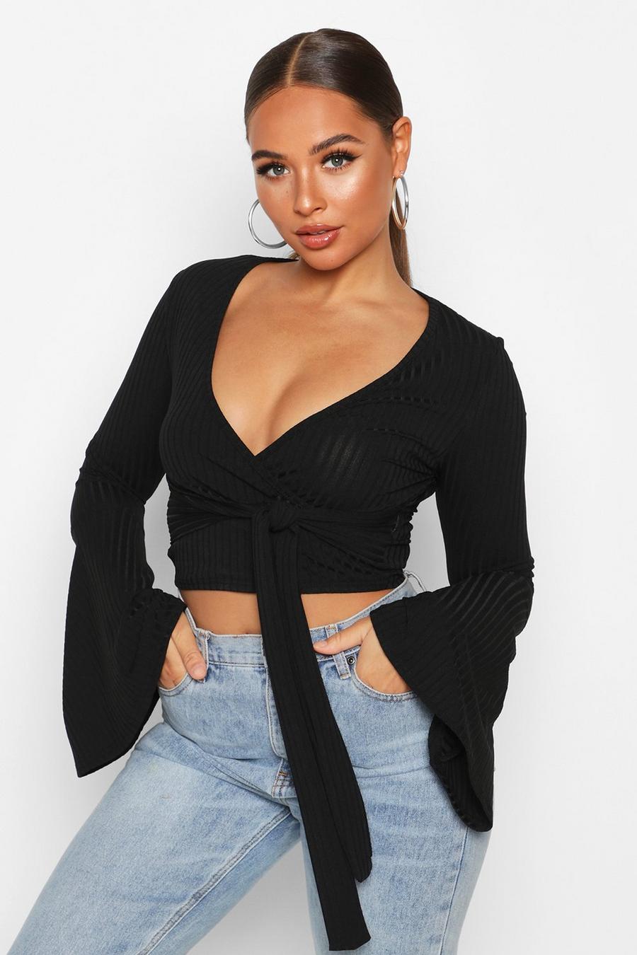 Black Cropped Rib Flare Sleeve Top image number 1