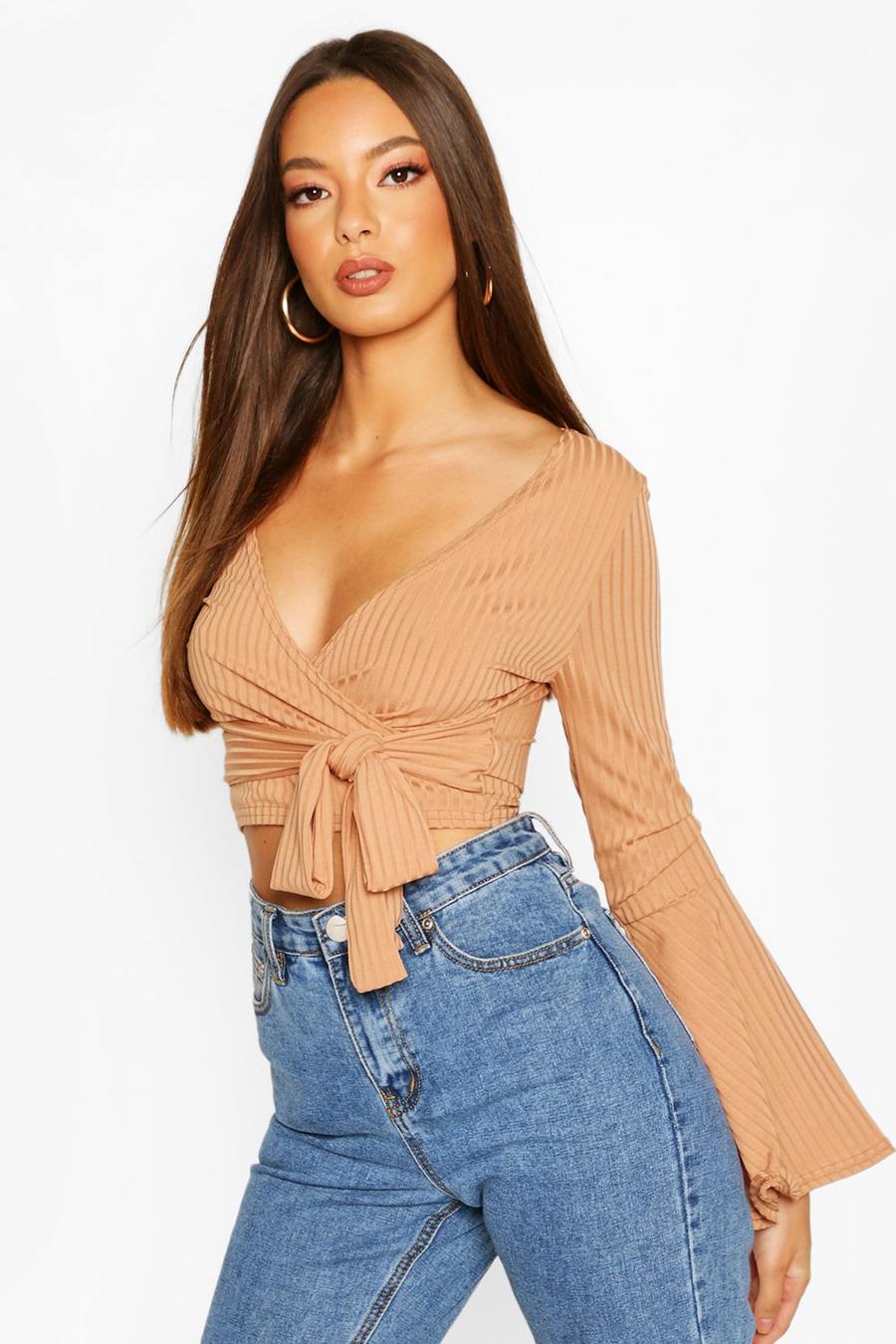 Camel Cropped Rib Flare Sleeve Top image number 1
