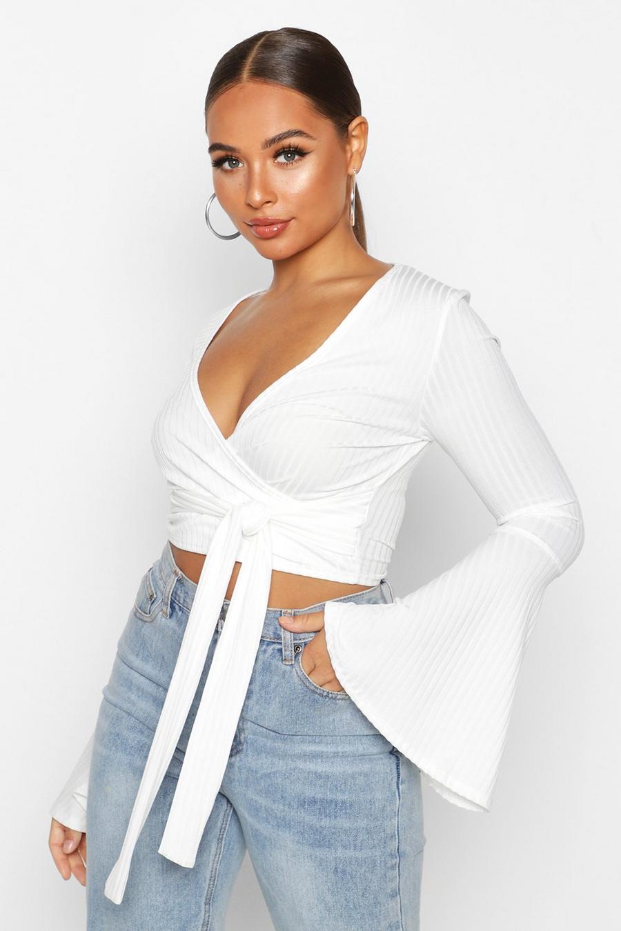 Ivory Cropped Rib Flare Sleeve Top image number 1