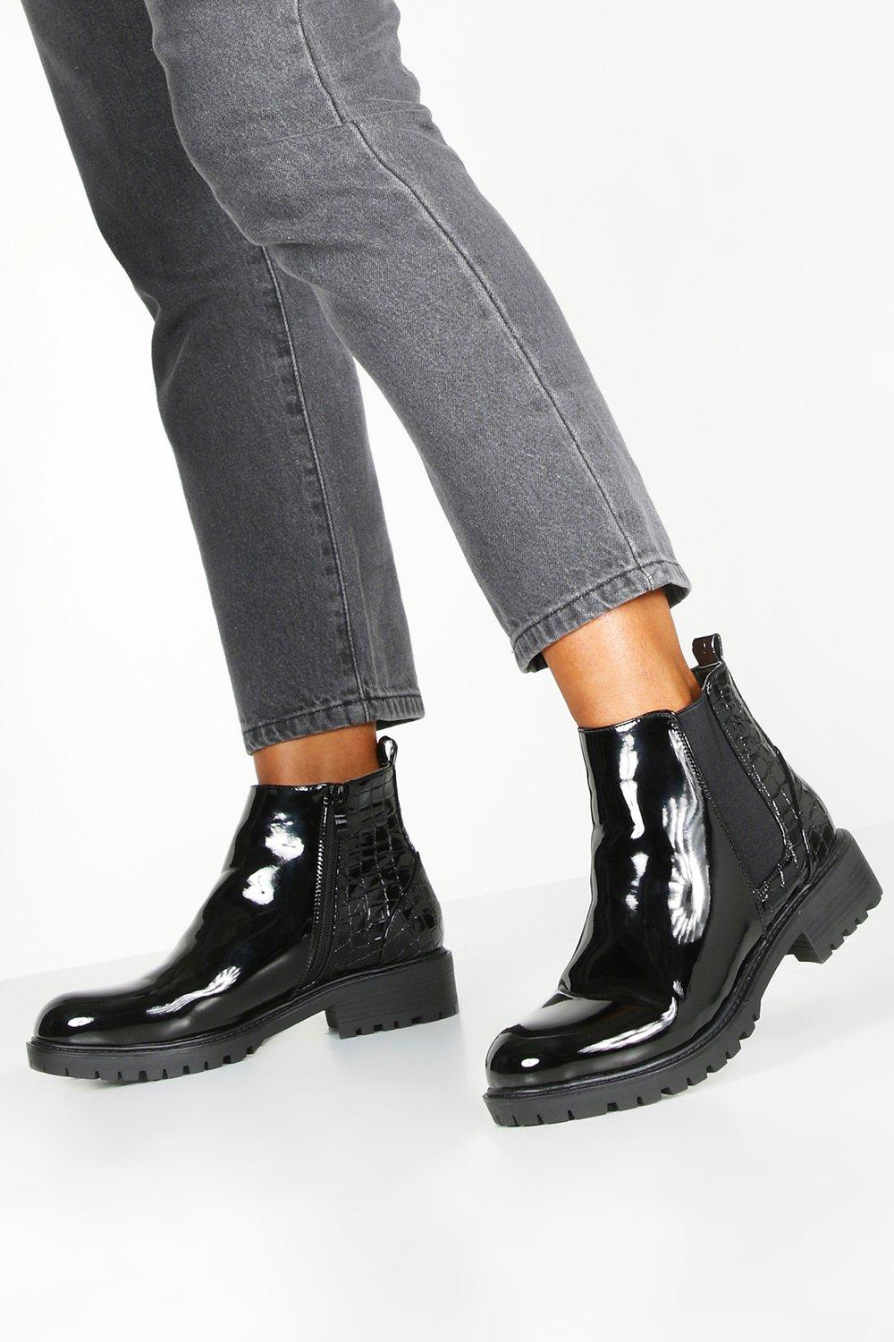 Croc Panel Patent Chunky Chelsea Boots 