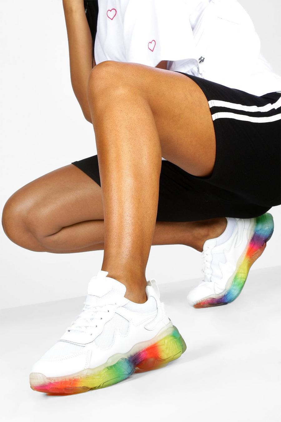 Robuste Sneaker mit transparenter Sohle in Regenbogenfarben, Weiß image number 1
