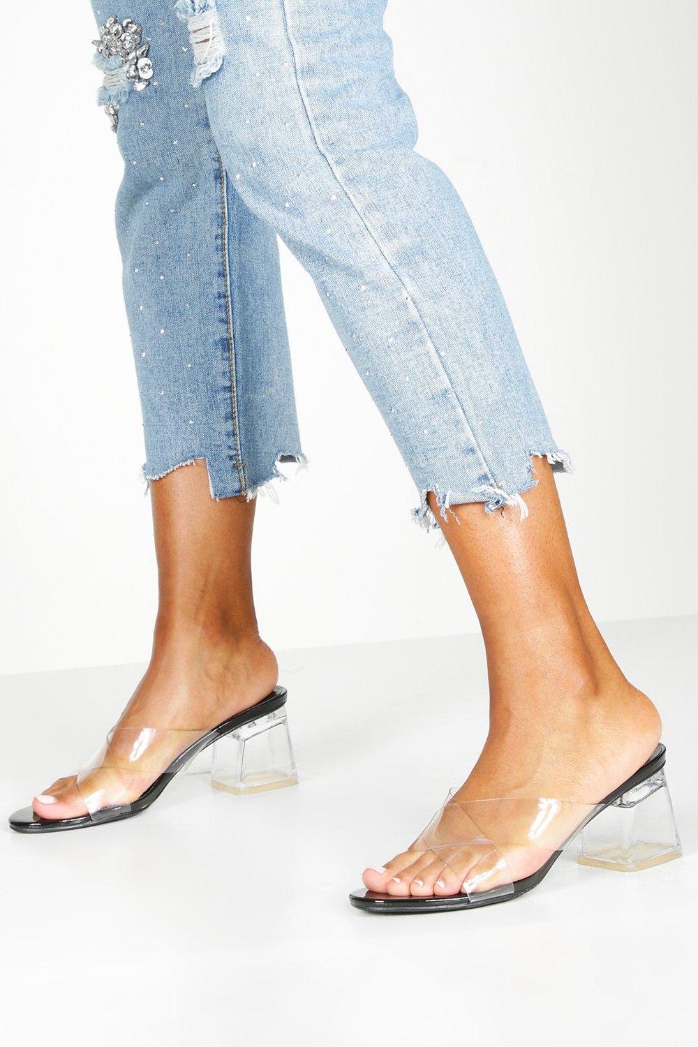 clear mule block heel